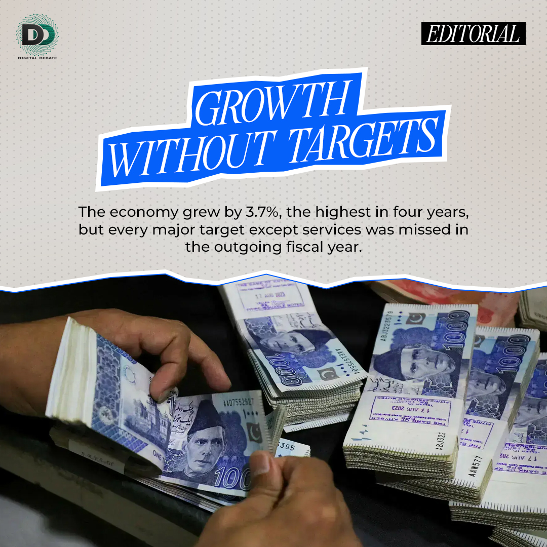 digdebate's tweet photo. Pakistan's Economic Survey 2025-2026 confirmed that its economy grew 3.7% in FY26, the highest in four years. Agriculture 2.89%, industry 3.5%, services 4.09%. Every sector except services missed its target. Three genuine shocks absorbed: global tariff uncertainty, two floods causing Rs430 billion in agricultural losses, and the Iran war's closure of the Strait of Hormuz, adding $1 billion to the April oil import bill alone.

1/3