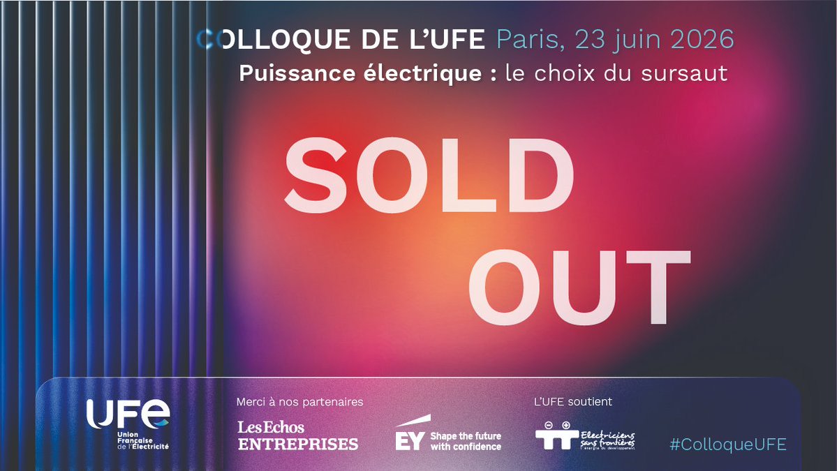 ufelectricite's tweet photo. Le #ColloqueUFE affiche désormais complet à moins de deux semaines de l’événement.

Vous avez été particulièrement nombreux à vous inscrire et nous vous remercions pour l’intérêt porté à cette édition 2026. La capacité d’accueil étant désormais atteinte.

Cette mobilisation témoigne de l’importance des enjeux qui seront au cœur de nos échanges : souveraineté énergétique, compétitivité, électrification des usages, réindustrialisation et climat.

Nous avons hâte de vous accueillir au 3 Mazarium, à Paris, aux côtés des principaux acteurs du secteur électrique, du monde économique et des responsables publics.

Rendez-vous le 23 juin sur notre page LinkedIn !
