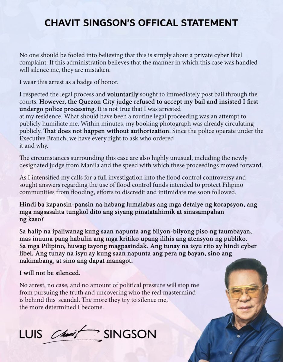 newswatchplusph's tweet photo. 'I WEAR THIS ARREST AS A BADGE OF HONOR'

READ: Former Ilocos Sur Gov. Chavit Singson says he will not be silenced by his cyber libel arrest warrant, pointing out efforts to discredit and intimidate him when he spoke out about the flood control scandal.

📸 Luis Chavit Singson/Facebook