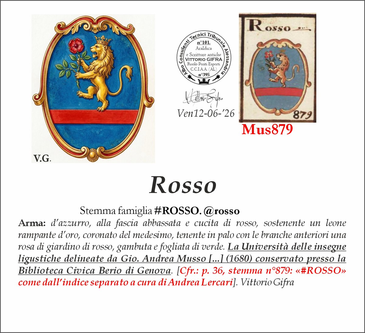 VGIFRA's tweet photo. Stemma famiglia #ROSSO. @rosso
Arma: d’azzurro, alla fascia abbassata e cucita di rosso, sostenente un leone rampante d’oro, coronato del medesimo, tenente in palo con le branche anteriori una rosa di giardino di rosso, gambuta e fogliata di verde. La Università delle insegne ligustiche delineate da Gio. Andrea Musso [...] (1680) conservato presso la Biblioteca Civica Berio di Genova. [Cfr.: p. 36, stemma n°879: «#ROSSO» come dall’indice separato a cura di Andrea Lercari]. Vittorio Gifra