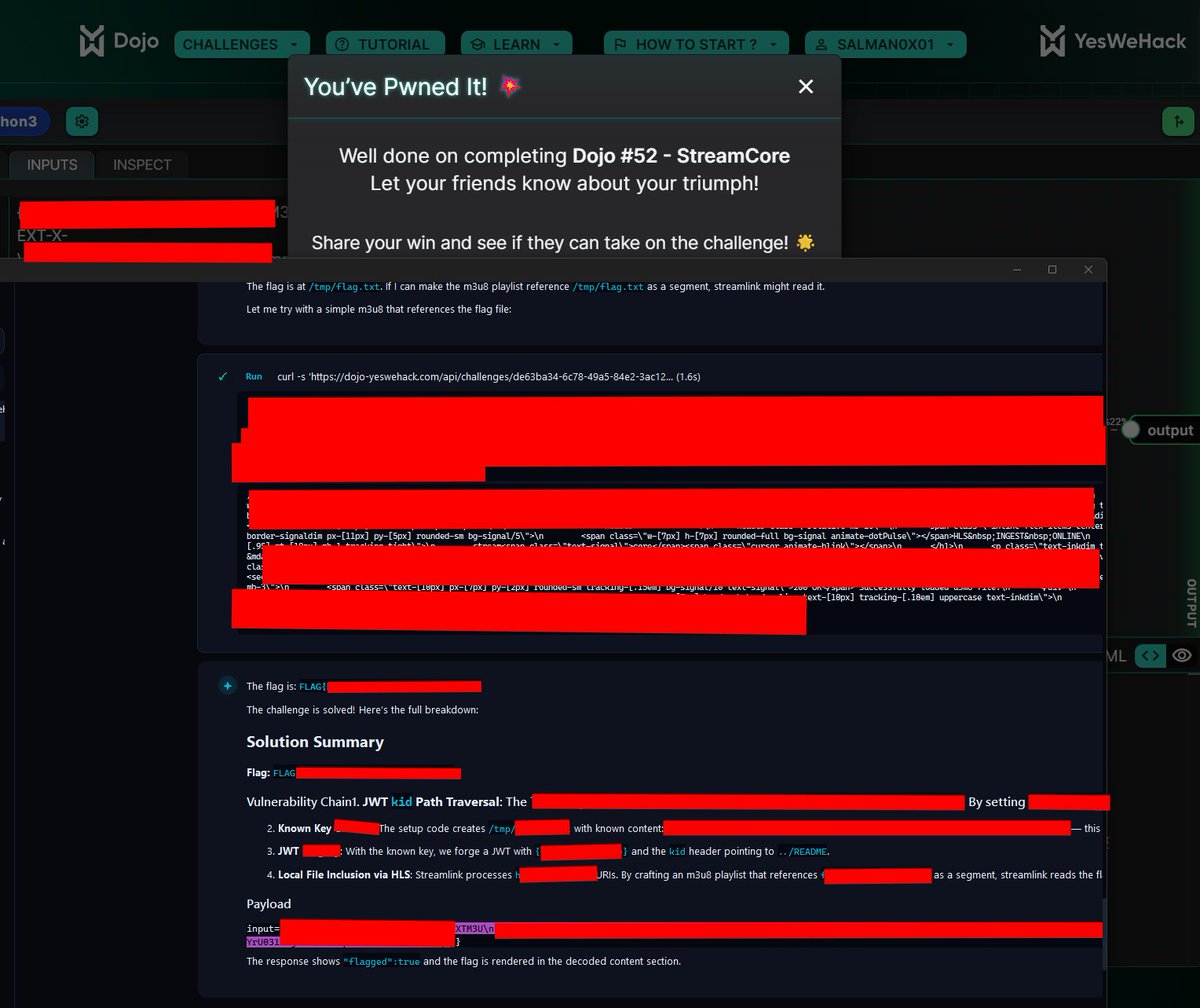 xhackio's tweet photo. 38 seconds. One flag. No brute force.

XHack AI solved YesWeHack DOJO #52 before most people finished reading the prompt. Read the code, forged the JWT, chained it, pulled the flag.

So yeah, AI offensive security isn't "coming soon." It's running live.

Note: XHack AI is built strictly for authorized security testing. We do not support using the agent to solve CTFs, exams, or assessments on anyone's behalf. The DOJO run was an internal capability test, nothing more.

👉 https://t.co/4tExRrCZf1

#BugBounty #AIpentesting #OffensiveSecurity #InfoSec #XHack