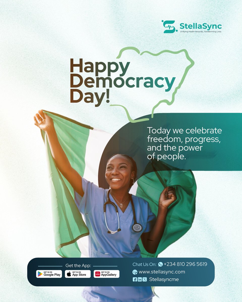 stellasyncme's tweet photo. Empowering healthcare through innovation, efficiency, and better patient care.

Here's to a stronger and healthier Nigeria.

#DemocracyDay #StellaSync #EMR #HealthTech #Nigeria https://t.co/Xld7QdB3xw