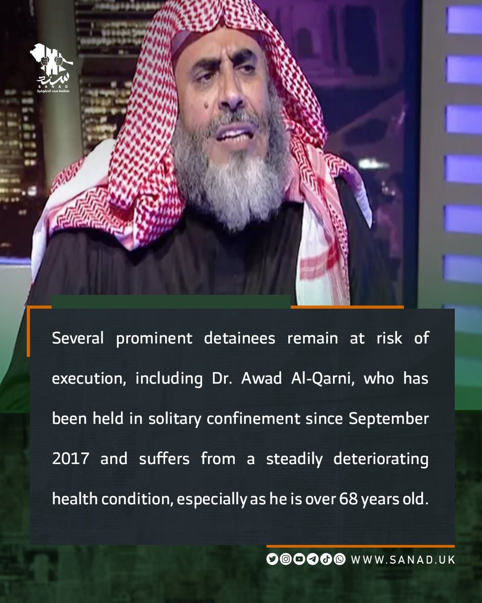 SANAD_en's tweet photo. Several prominent detainees remain at risk of execution, including Dr. #Awad_Al_Qarni, who has been held in solitary confinement since September 2017 and suffers from a steadily deteriorating health condition, especially as he is over 68 years old. https://t.co/yx8uRNqSPg