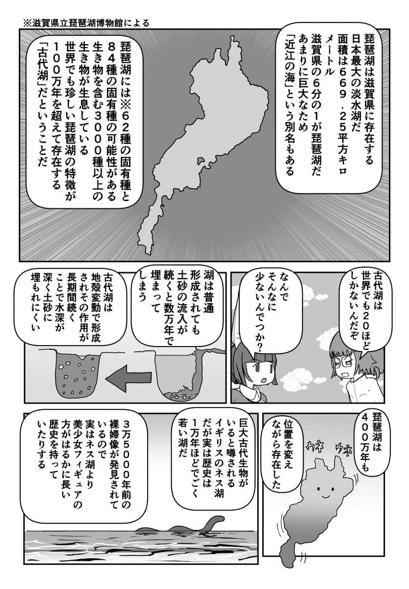 色々と誤解されてそうな動物を漫画で解説していくぞい。 第62回「琵琶湖と魚」2/2 #クック先生の動物講座
実は世界有数のある特徴を持つ湖だったりする琵琶湖。