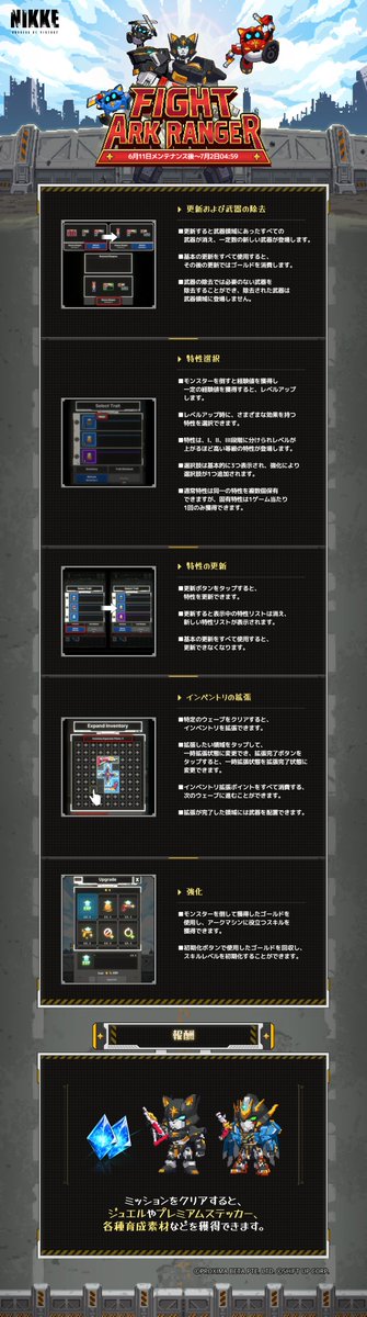 NIKKE_japan's tweet photo. 【ミニゲーム】
ミニゲーム「FIGHT! ARK RANGER!」が、ただいま開催中🦸

アークマシンが使う様々な武器を効率的に整理しながら、押し寄せてくるラプチャーを阻止するタワーディフェンスゲームです🔫
ミッションをクリアすると、ジュエルやプレミアムステッカー、各種育成素材などの報酬を獲得できます✨

指揮官の皆さまによりお楽しみいただけるよう、簡単な攻略情報をご用意しました！
ぜひ添付画像をチェックして、ミニゲームに挑戦してみてください👀

◆開催期間
～7月2日04:59

#NIKKE