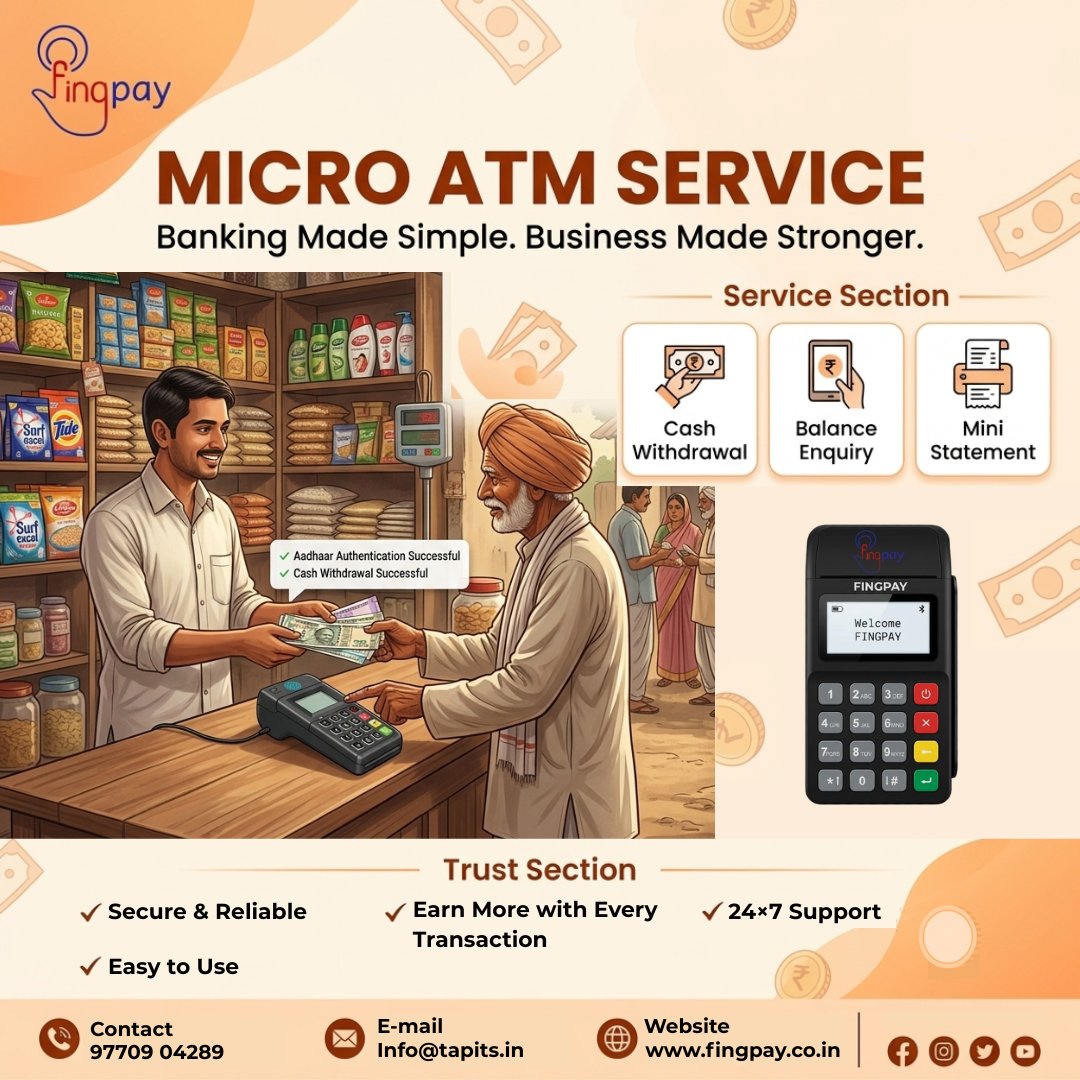FingPay's tweet photo. 🏧 No ATM Nearby? No Problem!

With Fingpay Micro ATM, your local shop becomes a banking point, instant cash withdrawal, balance enquiry &amp; mini statement, all powered by Aadhaar authentication. 🔐

✅Secure &amp; Reliable
✅ Easy to Use
✅ Earn More with Every Transaction https://t.co/026zY1dzg3
