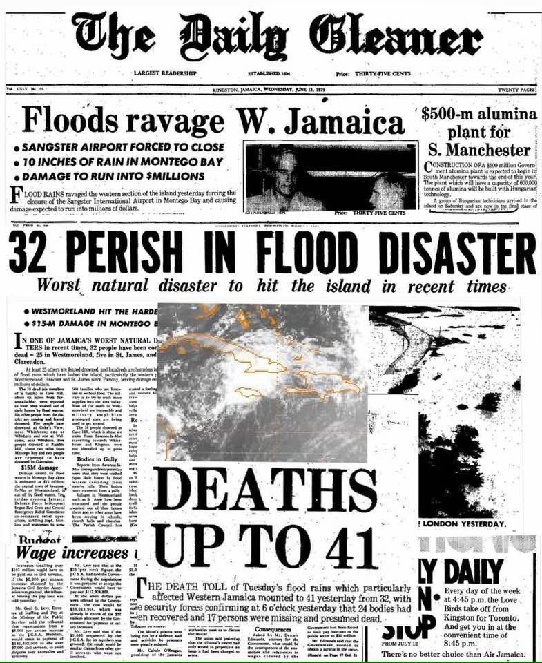 wcchen's tweet photo. 47 years ago today, on 12 Jun 1979, tropical depression brought torrential rainfall to #Jamaica. 41 people died; 1,000 homes destroyed or severely damaged; crops, roads, bridges lost. Newmarket, St. Elizabeth under up to 80 feet of water; took six months to recede. #Jamaica #Caribbean 
https://t.co/HZ9SWG9AK0