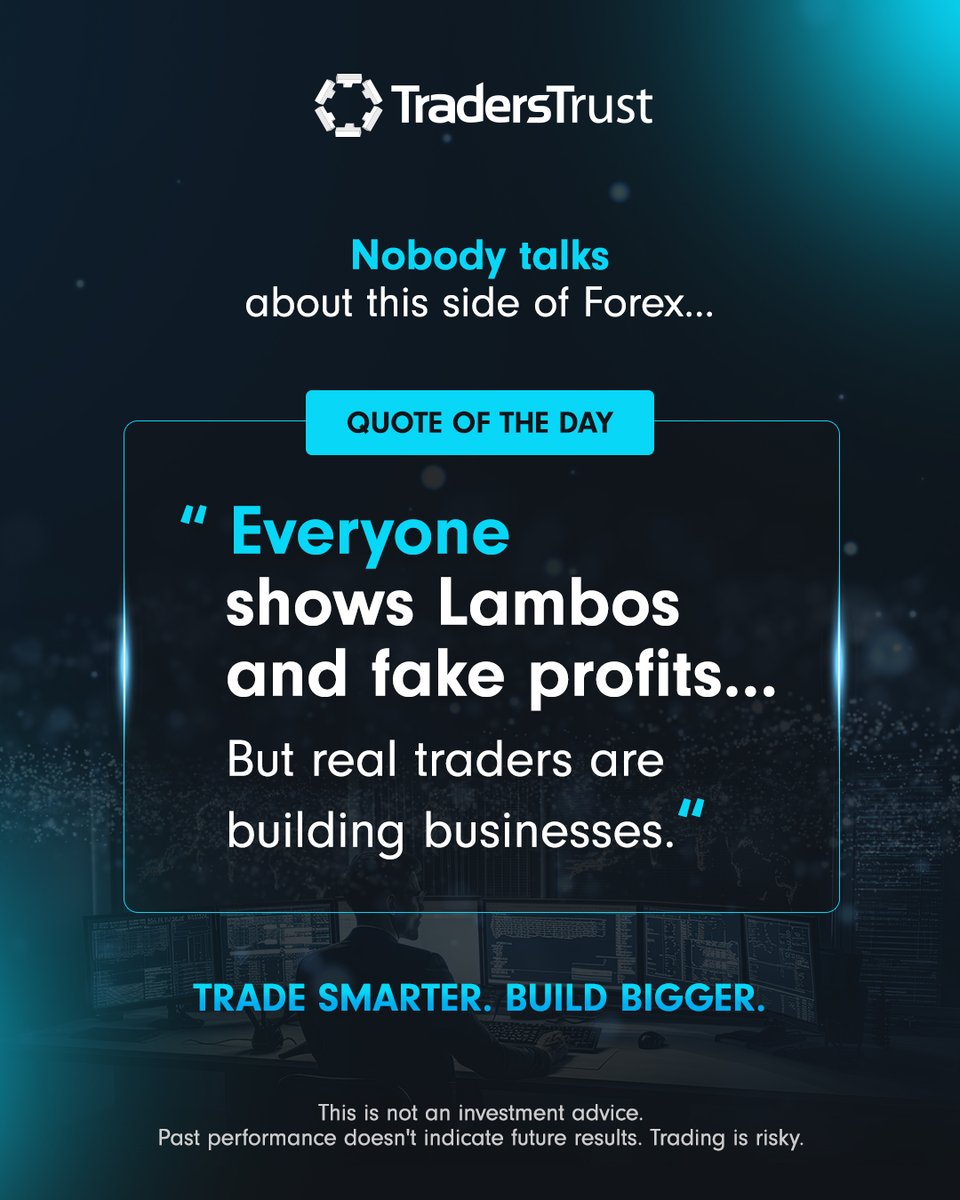 TradersTrustcm's tweet photo. Nobody talks about this side of #Forex. 🧠
What it won't show you?

→ The months of consistent, boring discipline
→ The losses that taught more than any win
→ The risk management that kept the account alive
→ The strategy refined trade by trade, week by week

The traders who last don't trade for the highlight reel.
They trade for the long game  compounding gains, protecting capital, and treating every position like a business decision.

That's the side of Forex nobody posts about.
And it's the only side that actually pays.

Trade smarter. Build bigger with Traders Trust
https://t.co/WNwLeom5gC

#ForexTrading #TradingMindset #TradersTrust #RealTrading #TradeSmart #RiskManagement #TradingLife #ForexCommunity #BuildWealth #TraderLife