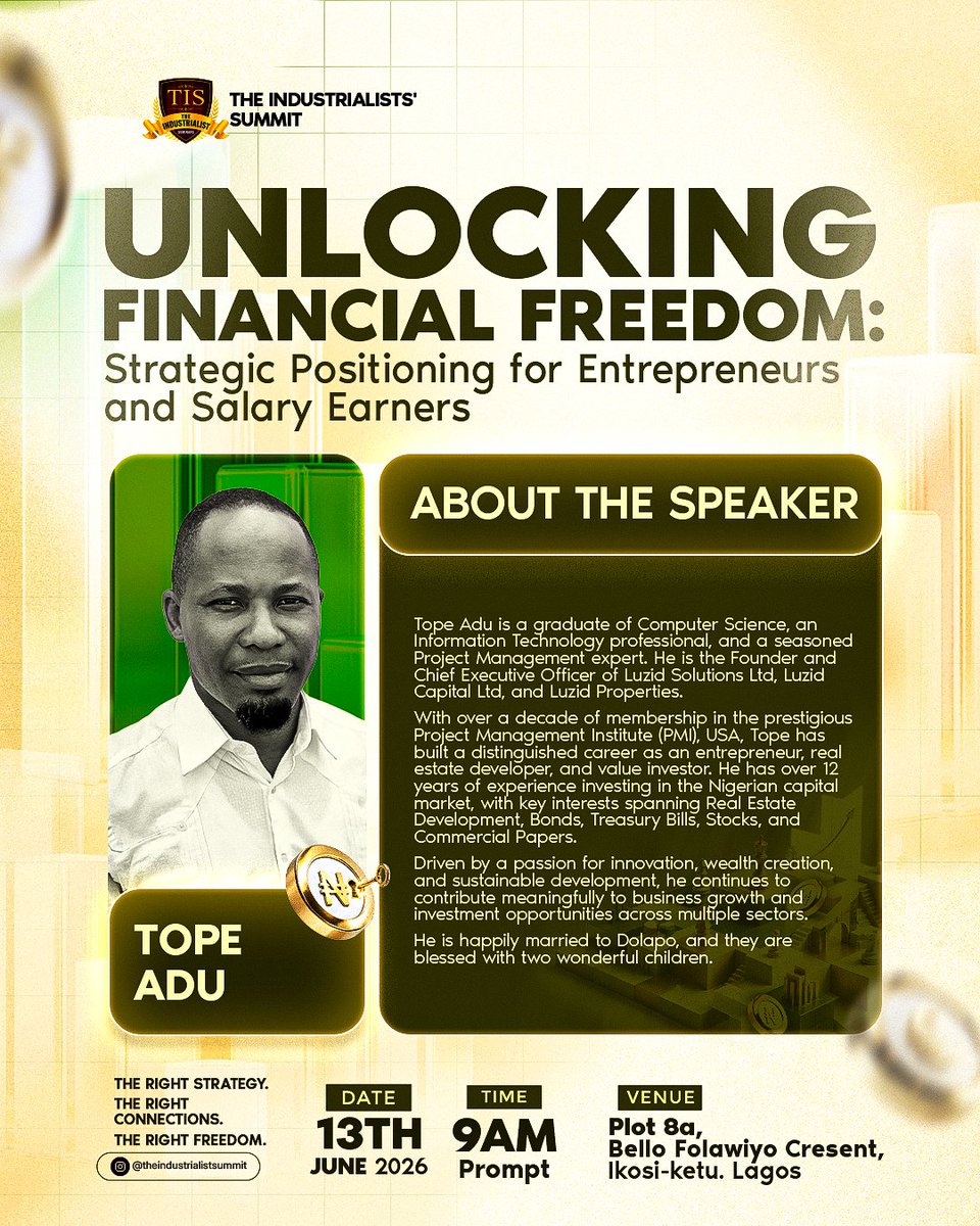 TI_summit's tweet photo. From computer science to real estate development and value investing; We're pleased to introduce Tope Adu as our next speaker at The Industrialists' Summit.

REGISTER*: https://t.co/7SRgm3VkEG https://t.co/QbjgDvAL6T