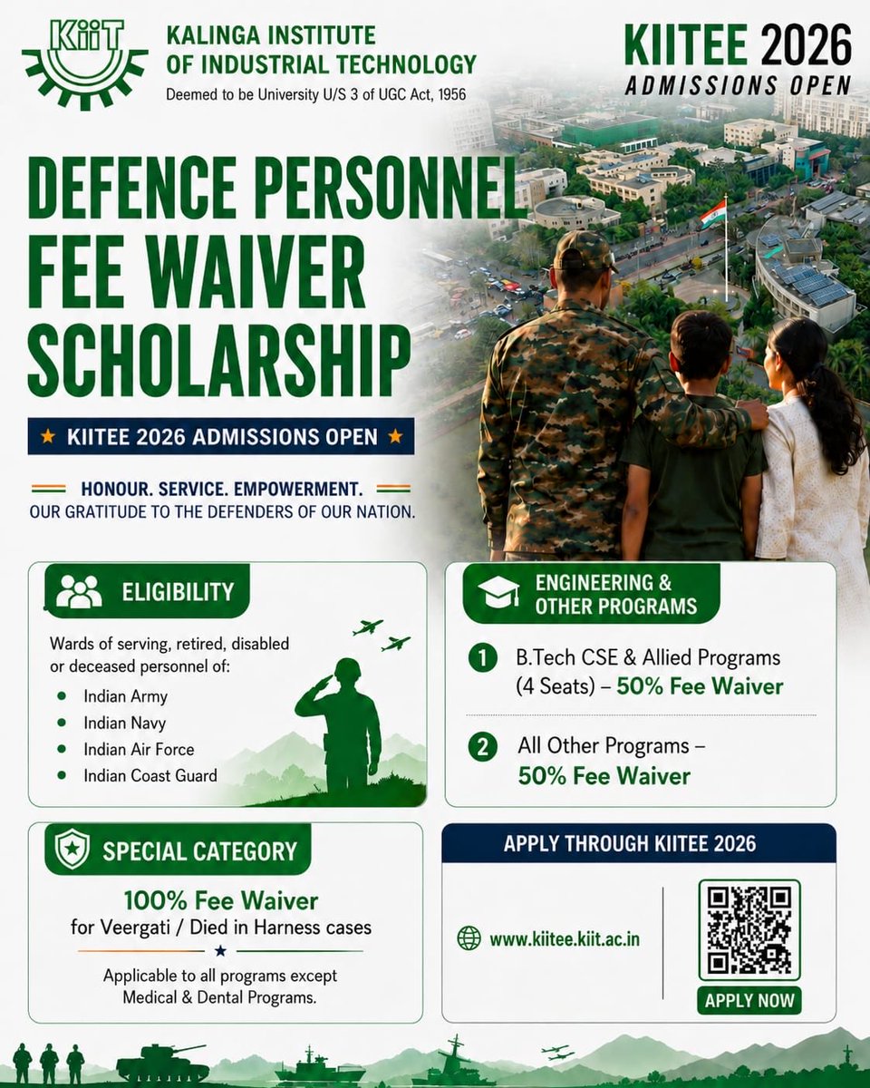 KIITUniversity's tweet photo. As a mark of gratitude, KIIT offers fee waiver scholarships for the wards of serving, retired, disabled, &amp; deceased defence personnel. 

We are committed to making quality education more accessible.

Apply now - https://t.co/95No8KGXRc https://t.co/zIz6bvlwx7