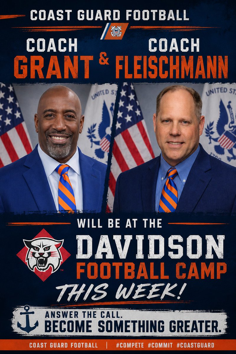 USCGA_Football's tweet photo. Going to Carolina!  Coach Grant and Coach Fleischmann will be at the @DavidsonFB camp tomorrow. https://t.co/PRSDEIZ37h
