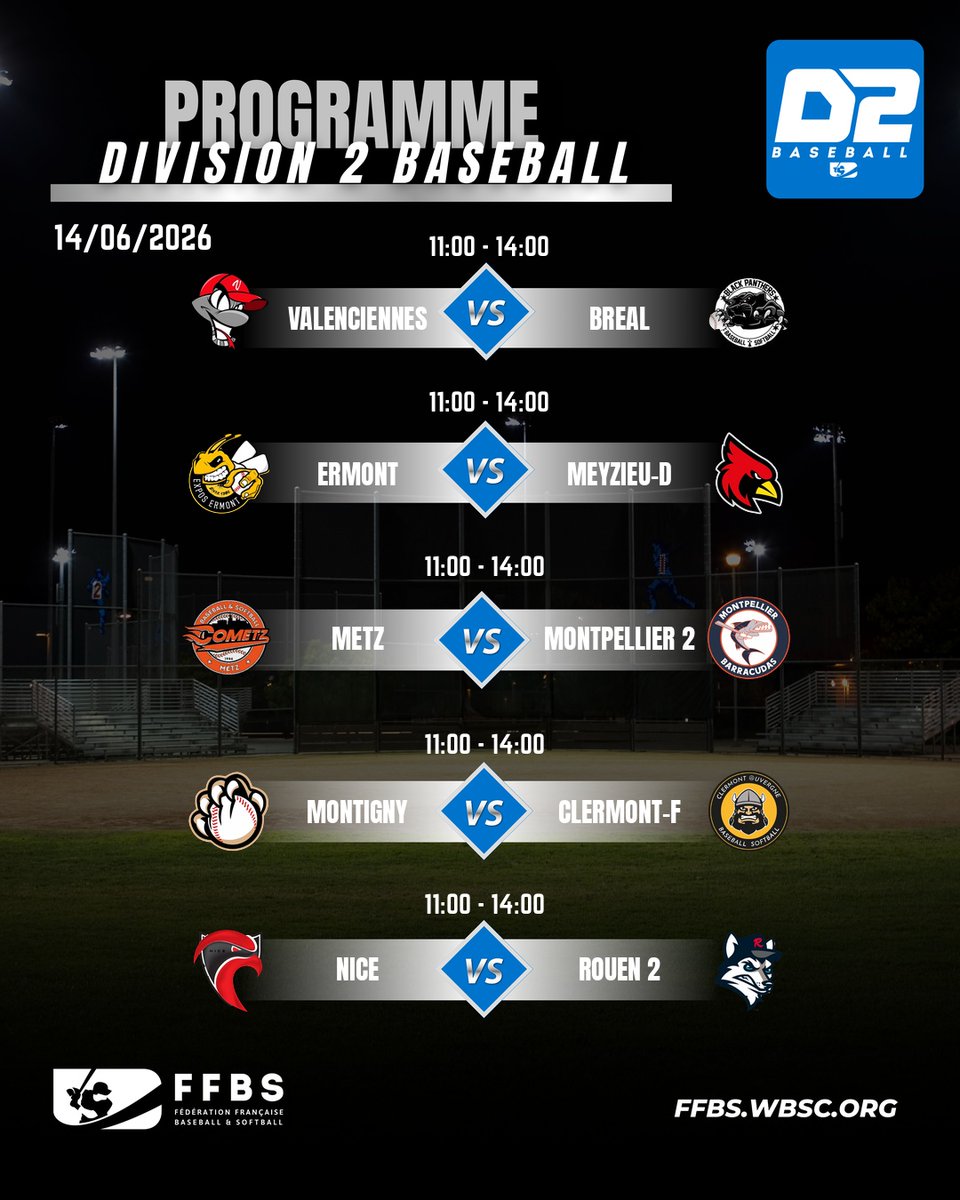 ffbs_baseball's tweet photo. 🚨 Division 2 Baseball 2026 ⚾
Au programme : la 7ème journée ! 🔥

ℹ️ Informations sur https://t.co/o9vTaRv5gu

@ExposErmont @rouenbaseball76 @CougarsMontigny @ViperesV @CometzM @cardsmeyzieu @MUCBarracudas

#baseball #division2 #francebaseball #ffbs https://t.co/TtyrzpHAa2