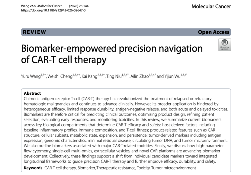 IHuaXi's tweet photo. Can biomarkers make CAR-T therapy safer and more effective?
Researchers from #WCH published a review in Molecular Cancer , proposing a biomarker-driven framework for precision CAR-T management across the entire treatment journey.
#CARTCellTherapy #CancerResearch #Immunotherapy https://t.co/Egpj08Elow