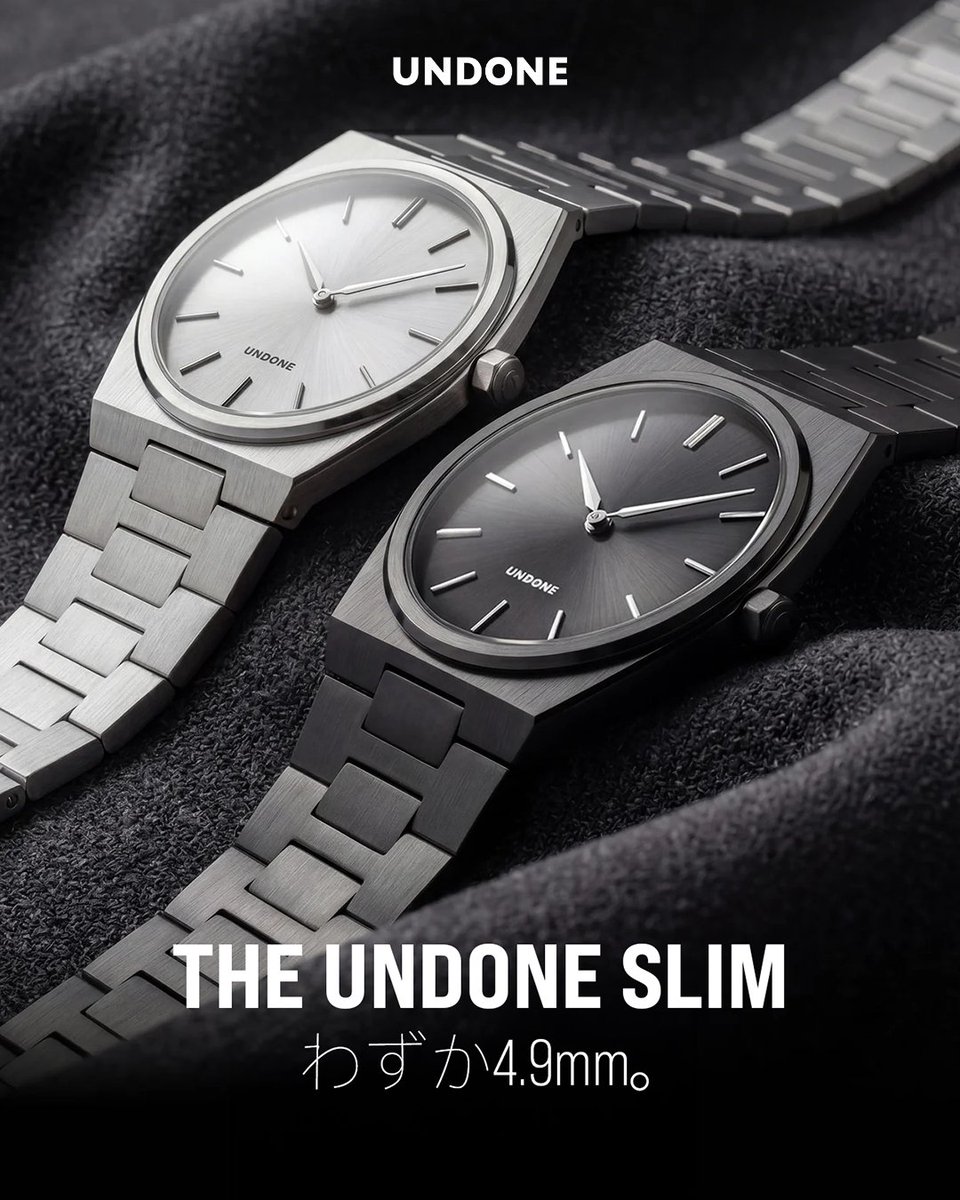 undone_japan's tweet photo. UNDONE Slim 4.9mm、本日発売。
UNDONE史上、最も薄いモデル。
スイス製クォーツ × サファイアクリスタル。

▼詳しく見る
https://t.co/1z6uehuIvY https://t.co/pOYiq2uZGd