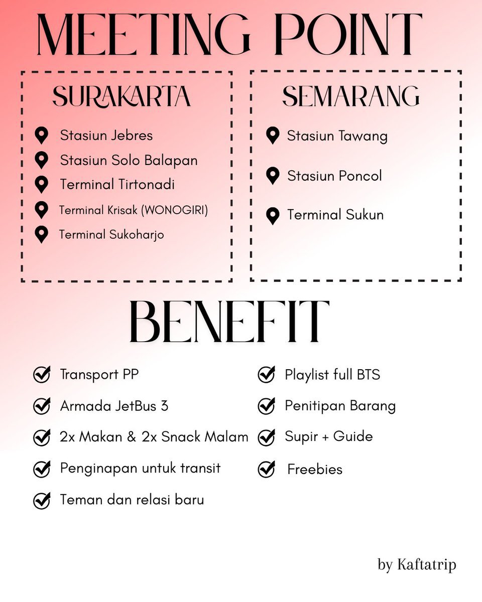 Kaftatrip's tweet photo. 🚍 OPEN TRIP BTS WORLD TOUR ARIRANG JAKARTA 
📍 Jateng 
📅 26-27 Desember 2026
 🏟️ GBK Jakarta

💰 750K ALL IN 🔖 Save Slot 50K ⚠️ Cancel = DP hangus
"Datang sendiri, pulang bawa bestie." 
#BTS_ARIRANG #BTS_WORLDTOUR_JAKARTA #ARMYJATENG #OPENTRIPBTS https://t.co/U4NLs9dI6c