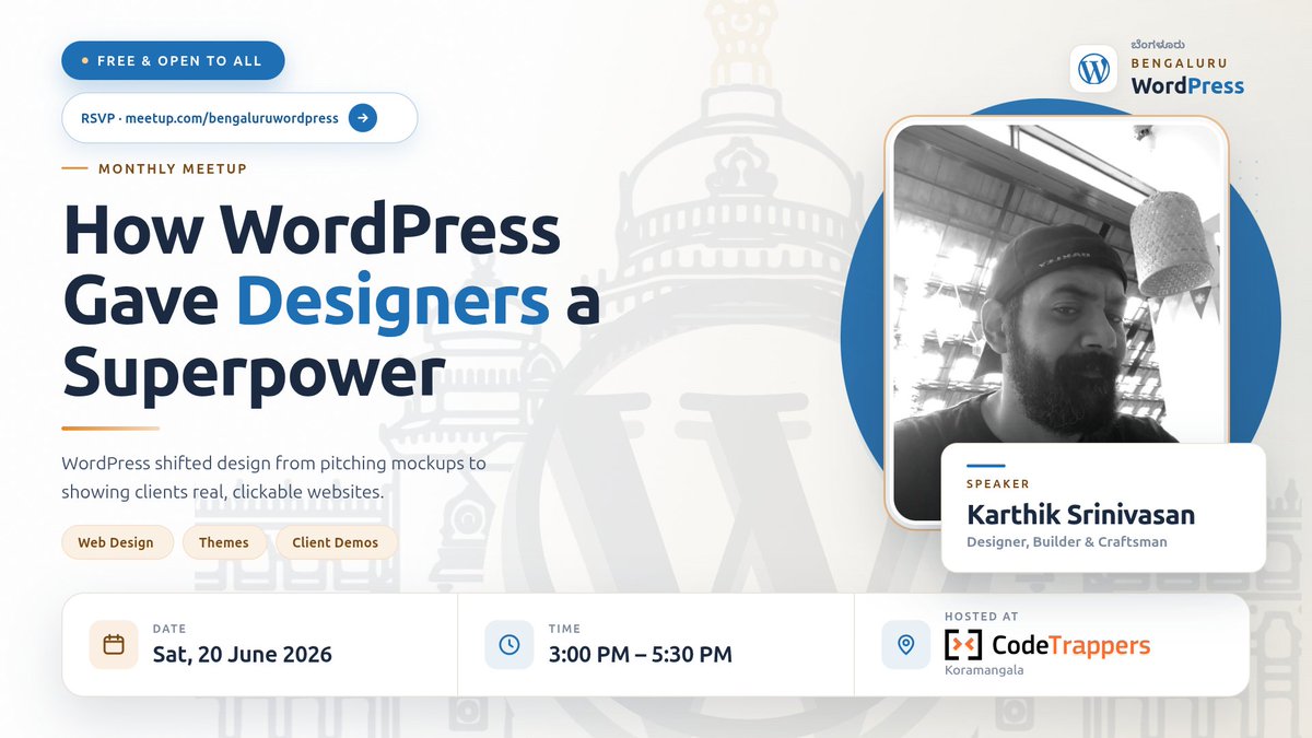 WPBengaluru's tweet photo. WordPress gave designers a superpower 🦸
Karthik Srinivasan shows how at our June meetup.
🗓️ Sat, June 20, 3 PM
📍 CodeTrappers, Koramangala
RSVP: https://t.co/HoO0LDGmb2
#WPBLR #WordPress https://t.co/3HifYNiBX7