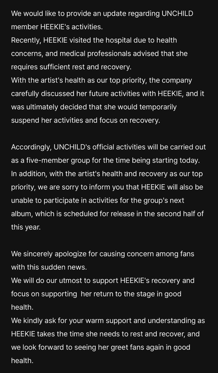 picsunchild's tweet photo. HEEKIE will take a break due to health issues officially, she will not participate in upcoming promotions until she recovers.

HEEKIE, get well soon!

#UNCHILD #언차일드 https://t.co/LoLcRSekwx