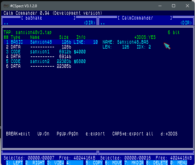 ShrekBursa's tweet photo. Tak jsem si vzal do parády i Calm Commander - souborový manažer pro ZX Spectrum Next. Plugin systém dal tomuto programu uplně nový šmrnc... 

Přehrávání hudby (PT2,PT3,SQT,STC,STP), prohlížení obrázků (NXI, SCR),TXT prohlížeč, TAP prohlížeč...

#assembly #specnext #speccy https://t.co/ZaCPsTIMAy