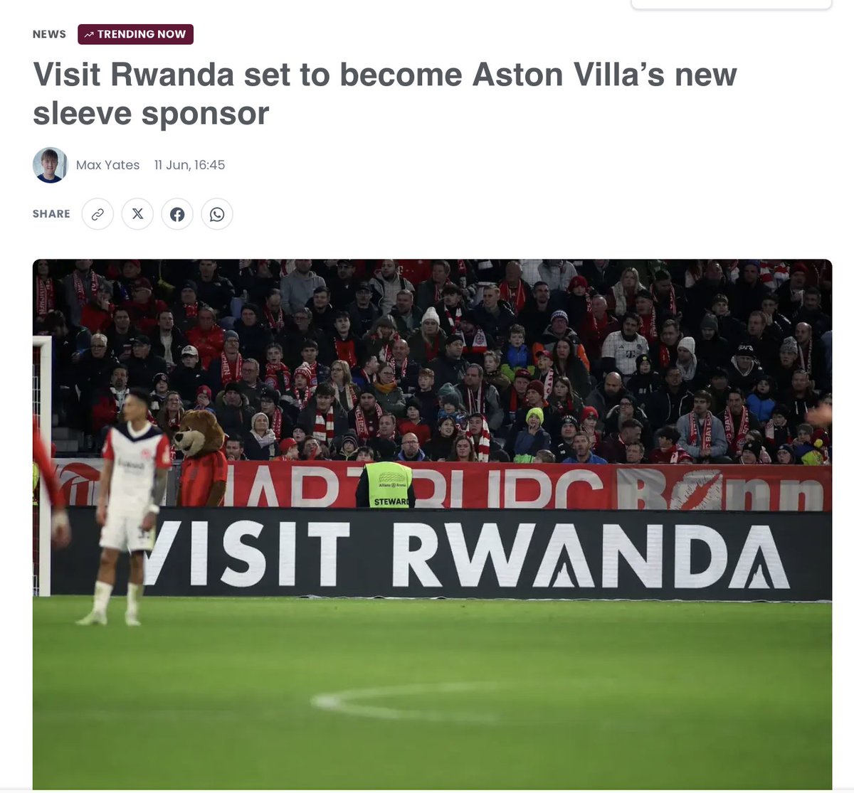 VictorMurashi's tweet photo. From North London to Birmingham, millions of fans will continue to see #VisitRwanda's name on the European stage.

After #Arsenal's successful partnership with Visit Rwanda came to an end, the anti Rwanda crowd rushed to celebrate, convinced that the brand had finally been pushed out of European football. As usual, they were celebrating far too early.

Reports now suggest that Visit Rwanda is set to become Aston Villa's new sleeve sponsor, ensuring that the brand remains visible in the world's most watched football league.

It is a disappointing development for the sports washing brigade. Just when they thought they had scored a victory, #VisitRwanda appears to have secured another Premier League platform, proving once again that the campaign is not retreating but evolving.
@SamuelBaker_B @freyntje @JudiRever