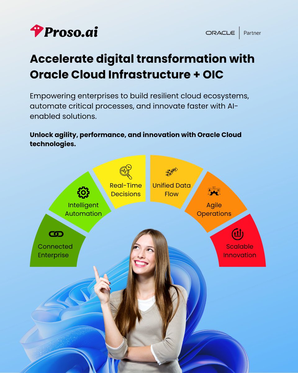 ProsoAi's tweet photo. With Oracle Cloud Infrastructure (OCI) and Oracle Integration Cloud (OIC), enterprises can connect systems, automate workflows, and unlock real-time insights that drive measurable business outcomes.
#ProsoAI #OracleCloud #OCI #OIC #DigitalTransformation #EnterpriseTechnology https://t.co/ocHD7zVB0q