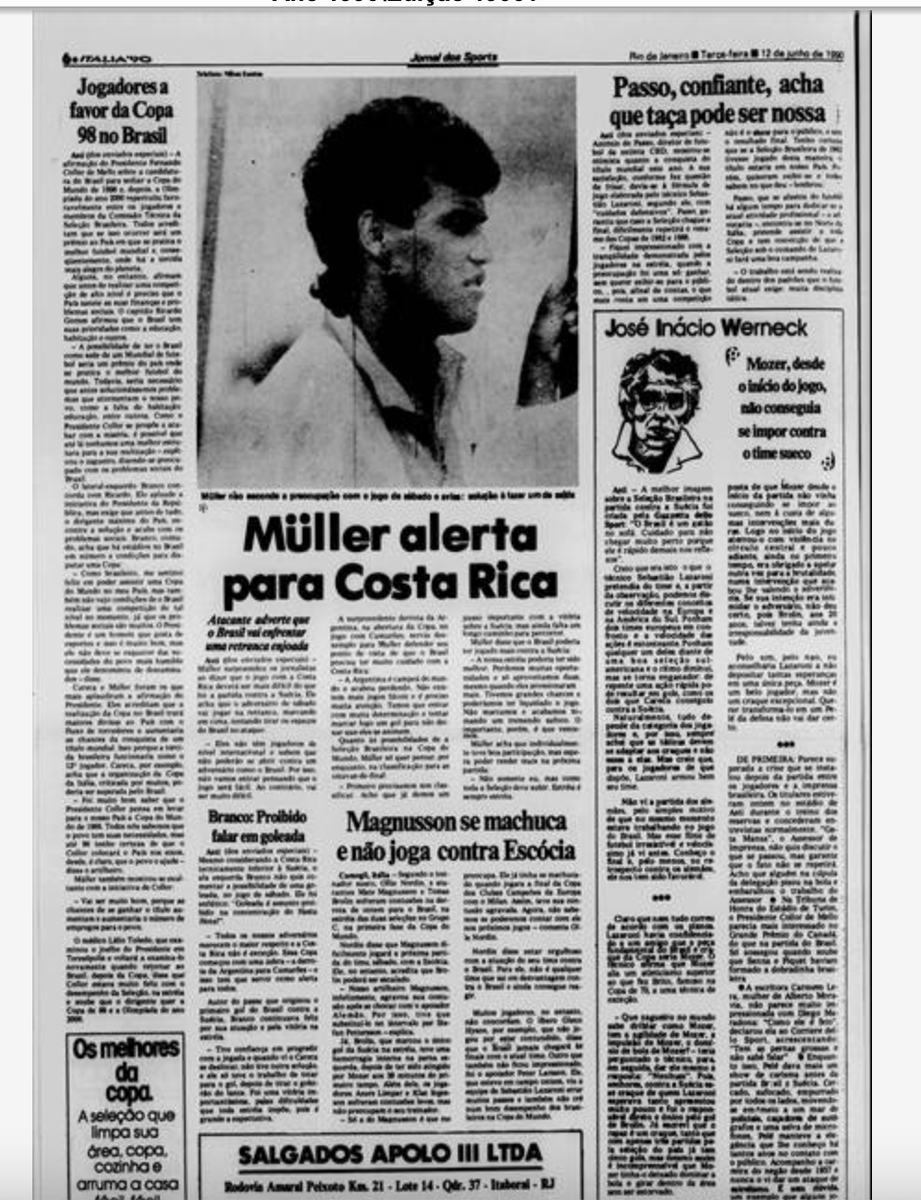 brasilcopa70's tweet photo. No Jornal dos Sports de 12/6/90, o colunista José Inácio Werneck destacou a "afabilidade" de Pelé no trato com o público, que o acossava em todos os lugares em que aparecia na #1990WorldCup, onde era comentarista. "Conheço-o desde 1957 e nunca o vi ter um ataque de estrelismo". https://t.co/1q8jFihaWK