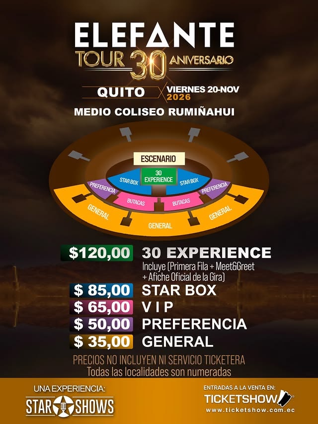 guambraconcert's tweet photo. El "30 ANIVERSARIO TOUR" de ELEFANTE se celebra en Quito y Samborondón, Ecuador.🎸🐘

🗓 Viernes, 20 de noviembre de 2026
📍Medio Coliseo General Rumiñahui

🗓️Sábado, 21 de noviembre de 2026
📍Arena Park

🎟️ Venta general ya disponible!

🔗https://t.co/dZ4IHv5zXP https://t.co/2BV7eu22lK