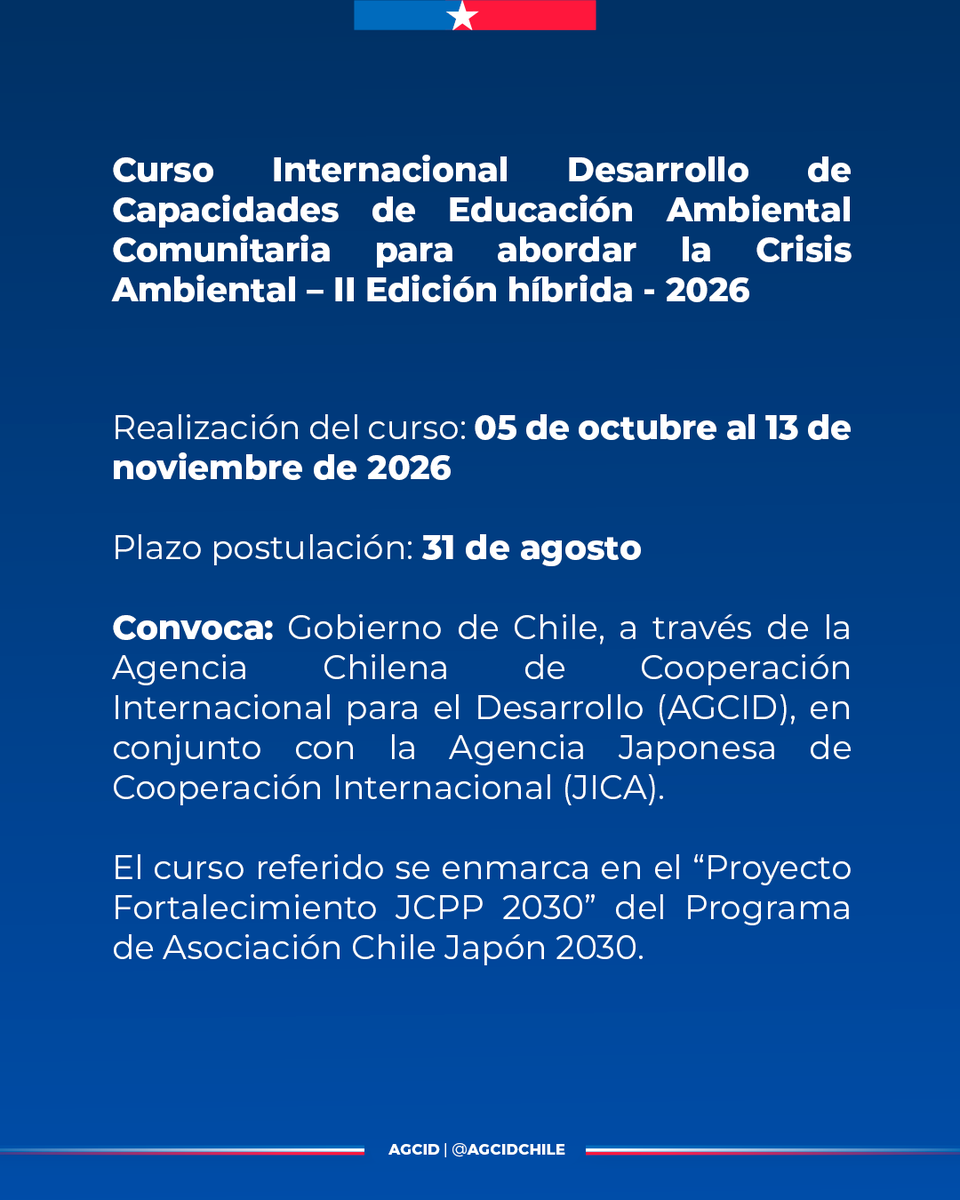 ConsulBariloche's tweet photo. Curso: Desarrollo de Capacidades de Educación Ambiental Comunitaria para abordar la crisis ambiental, una beca conjunta de @AGCICHILE y @jica_direct_en
Plazo para postular: 24 AGOSTO
+ info 👇
https://t.co/8JT2sawGus
E-mail: becasinternacionales@mrecic.gov.ar
#beca
#ambiente https://t.co/r5ifkFZZPZ