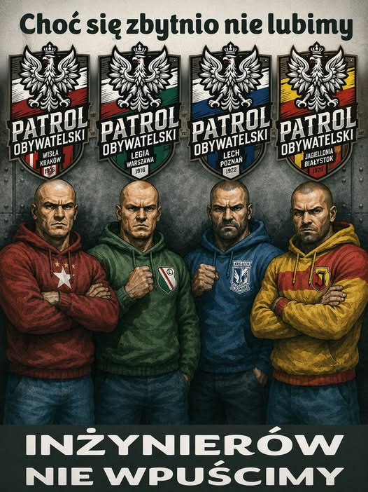 JohnPolluk's tweet photo. Patrole Obywatelskie.    Znalezione w sieci
Choć na co dzień kibicujemy różnym klubom i nie zawsze się ze sobą zgadzamy, są sprawy ważniejsze niż klubowe podziały.
Gdy chodzi o bezpieczeństwo naszych rodzin, naszych miast i naszej Ojczyzny – potrafimy stanąć ramię w ramię. https://t.co/vokMr7F5ii