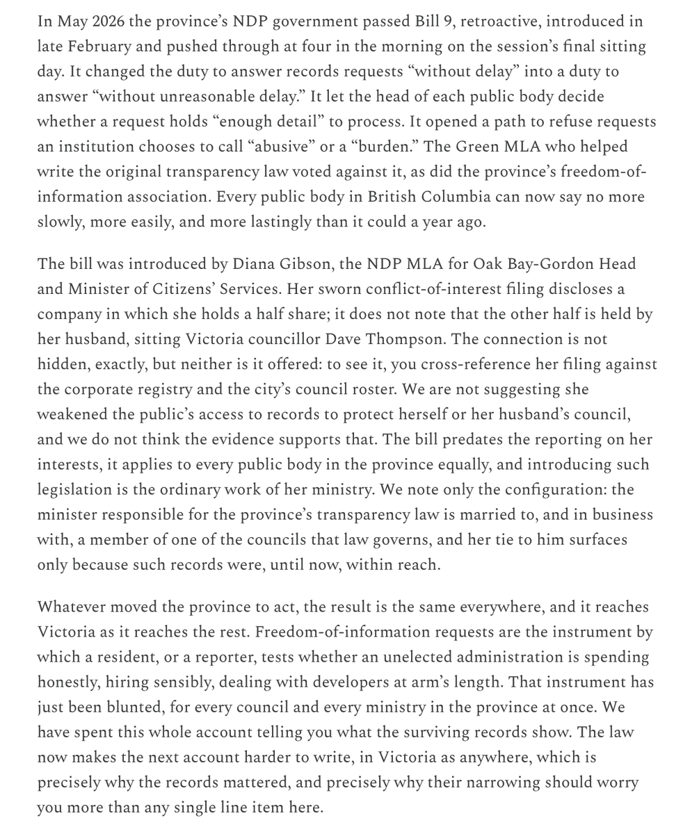 BCPoliticsWatch's tweet photo. @McInnis_4MLA This bill was introduced after our article Hidden in Plain Sight was published that exposed her connection to Firelight and her husband Victoria City Councillor Dave Thompson also a co-founder. The bills they set, also have a knock on effect for transparency at Municipal level https://t.co/e9kwuRkcia