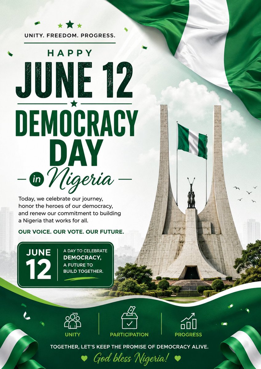 EbbFoundat2403's tweet photo. Happy Democracy Day, Nigeria!

Today, we celebrate the strength of our democracy, the resilience of our people, and the shared hope for a brighter future.

#EBBFoundation #DemocracyDay #June12 #NigeriaAt65 #DemocracyInAction #NationBuilding #UnityInDiversity #EmpowerCommunities https://t.co/qFWl8H7lY0