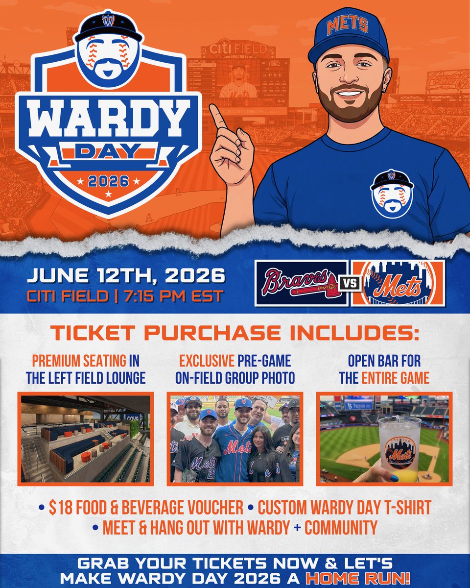 WardyNYM's tweet photo. 🚨LISTEN UP #METS FANS!🚨

Today is my 2nd annual event at Citi Field!
(awesome perks including open bar)

I have ONE extra ticket to giveaway, here’s how to enter:

- like this post
- follow me on X &amp; subscribe to WardyNYM on YouTube

Winner announced today at 3PM EST! #LGM https://t.co/jpF66pjoMm