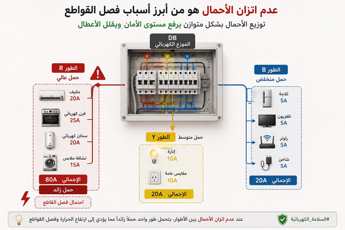 Eng_Mesaed's tweet photo. إذا كان القاطع يفصل باستمرار،
 عادتا السبب يكون  تحميل عدة أجهزة عالية الاستهلاك على نفس الدائرة الكهربائية.
توزيع الأحمال بشكل متوازن يرفع مستوى الأمان ويقلل الأعطال.
#السلامة_الكهربائية https://t.co/lljnGbBTMs
