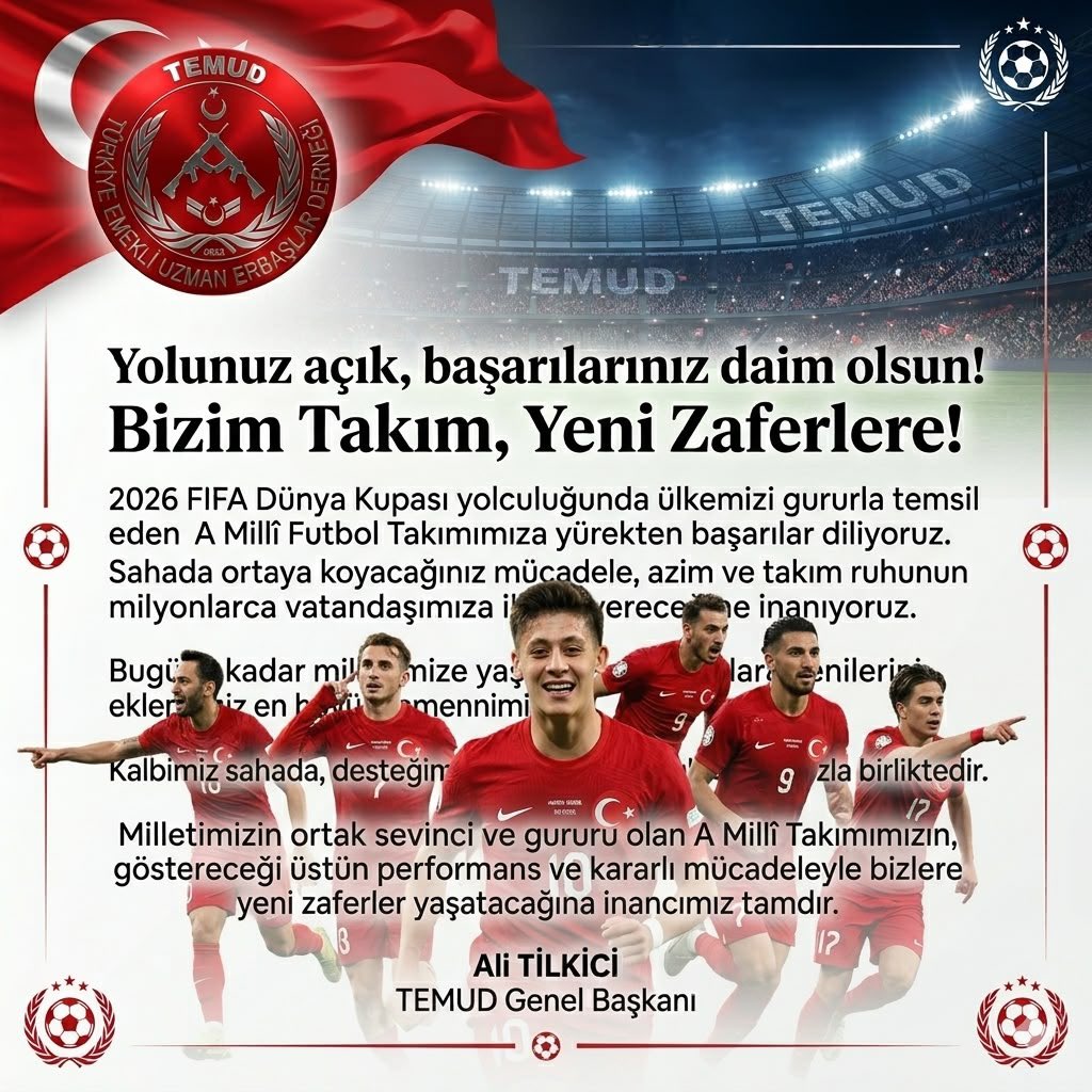 alitilkici38's tweet photo. 2026 FIFA Dünya Kupası yolculuğunda ülkemizi gururla temsil eden A Millî Futbol Takımımıza yürekten başarılar diliyoruz.

Sahada ortaya koyacağınız mücadele, azim ve takım ruhunun milyonlarca vatandaşımıza ilham vereceğine inanıyoruz. Bugüne kadar milletimize yaşattığınız gururlara yenilerini eklemeniz en büyük temennimizdir.

Kalbimiz sahada, desteğimiz her zaman ay-yıldızlılarımızla birliktedir.

Milletimizin ortak sevinci ve gururu olan A Millî Takımımızın, göstereceği üstün performans ve kararlı mücadeleyle bizlere yeni zaferler yaşatacağına inancımız tamdır.

Yolunuz açık, başarılarınız daim olsun.

Ali TİLKİCİ
TEMUD Genel Başkanı
#UzmanÇavuş
@TEMUD_2024