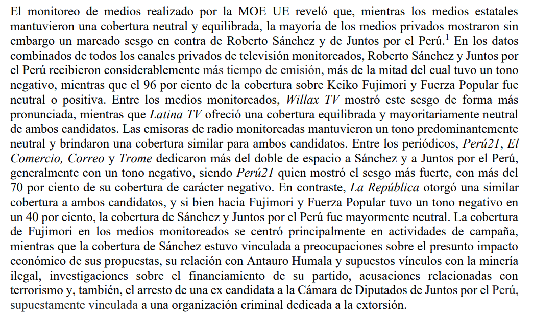 diegolazoh's tweet photo. Informe de los observadores de la UE sobre la prensa en campaña:
✅Medios equilibrados e imparciales: Tv Perú, Radio Nacional, otras radios, Latina.
🟨Medios equilibrados (misma cobertura a ambos candidatos) pero 40% negativo a Fujimori, neutral hacia Sánchez: La República.
❌Medios sin equilibrio y dedicaron más del doble de espacio contra Sánchez con notas negativas: El Comercio, Correo, Trome.
☠️Medios sin equilibrio, sesgados y que dedicaron 70% de notas negativas contra Sánchez: Perú 21 y Willax