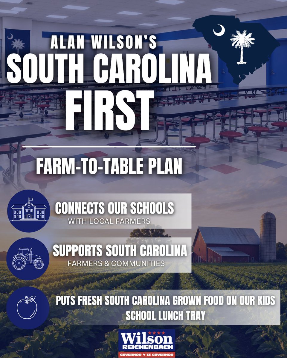 AGAlanWilson's tweet photo. Our kids deserve real, healthy food, and our farmers deserve to be first in line.

South Carolina schools should prioritize fresh, South Carolina-grown products over processed food shipped in by out-of-state corporations. 

Putting produce from the farmer down the road on the lunch tray instead of food loaded with dyes and preservatives is a win for South Carolina families and a win for South Carolina agriculture.