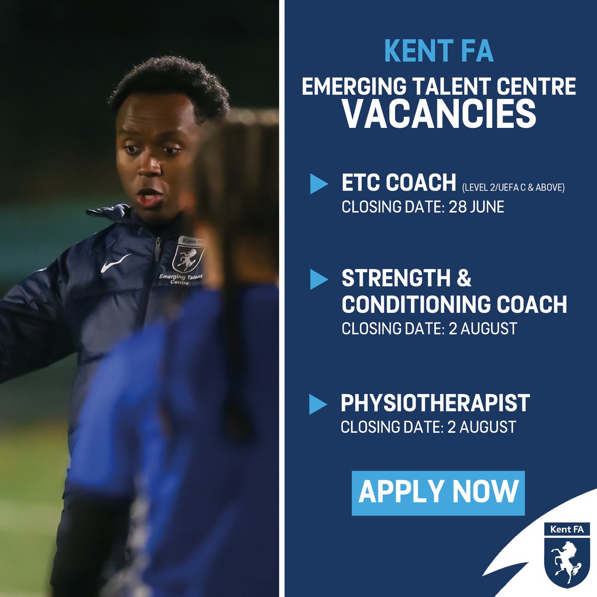 KentFA's tweet photo. We’re Hiring | Emerging Talent Centre 🙌

Are you passionate about inspiring the next generation of female footballers in Kent? 

This is your opportunity to play a key role in developing and supporting young talent at a crucial stage of their journey with the Kent FA Emerging Talent Centre.

We’re recruiting for the following roles:
⚽ ETC Coach
⚽ Strength & Conditioning Coach
⚽ Physiotherapist 

Apply here: https://t.co/qjA5itJloQ
