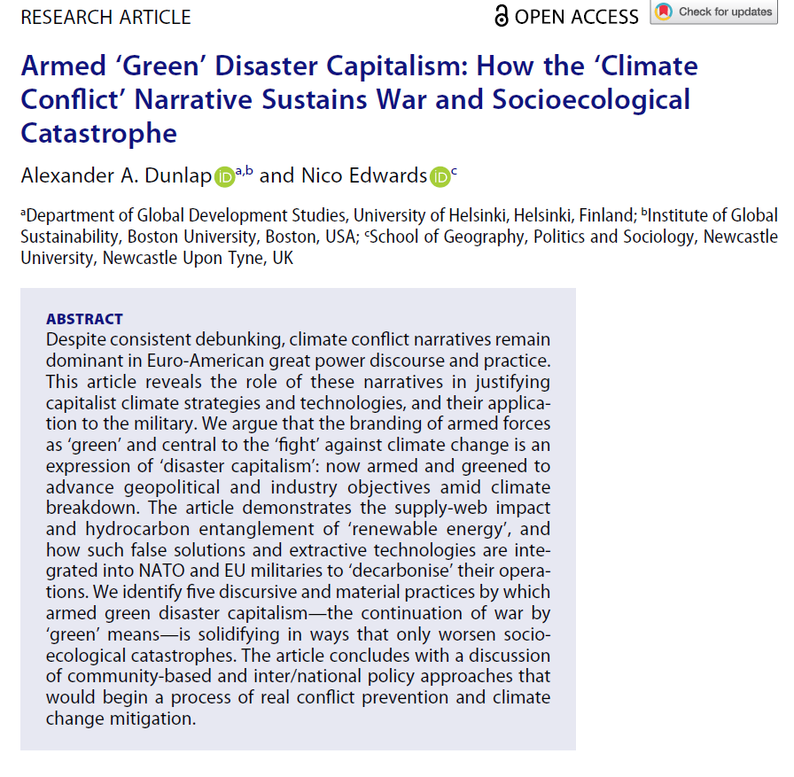 DrX_ADunlap's tweet photo. New article!

Co-authored w/ @nicosananes in Geopolitics

https://t.co/Xo5AIbaSBu

This article explores the realities of green militarization, advocating the necessity of global de-armament and #degrowth

#Militarism #War #decoupling #Sustainability https://t.co/9QM0wx7NBF