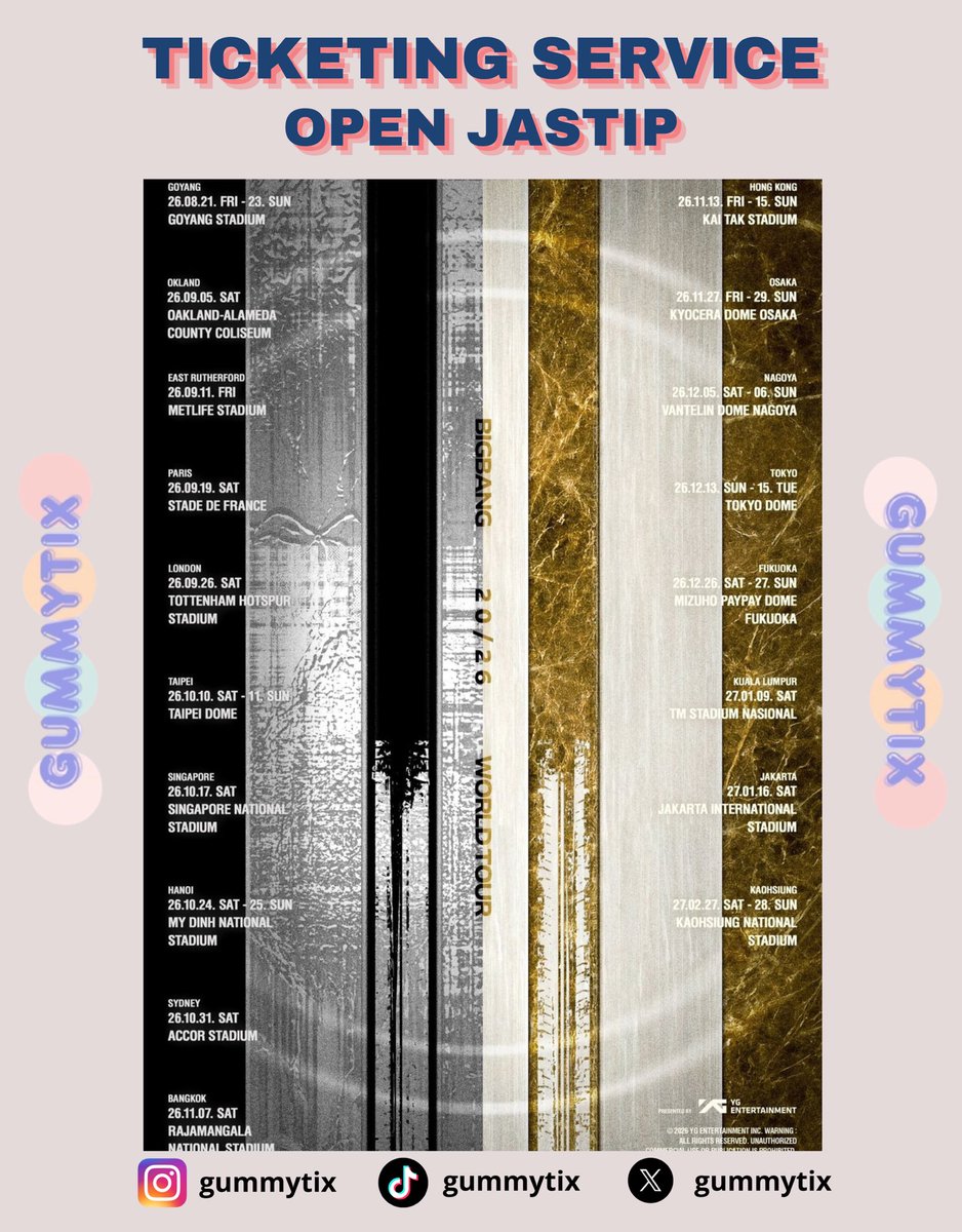 gummytixbackup's tweet photo. OPEN JASTIP BIGBANG WORLD TOUR 2026

📍JAKARTA, BANGKOK, SINGAPORE, KUALA LUMPUR, etc

🪪 Bisa pakai data pribadi &amp; self payment
✨ Bisa dibantu tiket fisik
📌 Trusted 1000% proof &amp; testi lengkap dihighlight ig @gummytix

💌 DM TO BOOK
#BIGBANG #BIGBANGWOLRDTOUR #bigbanginjakarta https://t.co/WdFnyxSZUj