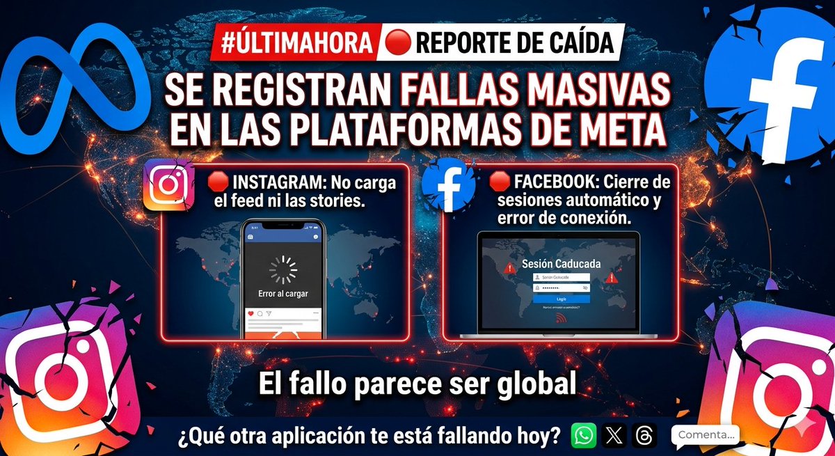 OficialAMIDCI's tweet photo. #ÚLTIMAHORA REPORTE DE CAÍDA DE META
Se registran fallas masivas en las plataformas de Meta:
Instagram: No carga el feed ni las stories.
Facebook: Cierre de sesiones automático y error de conexión.
El fallo parece ser global. ¿Qué otra aplicación te está fallando hoy?
#AMIDCI https://t.co/YX2jiGXNux