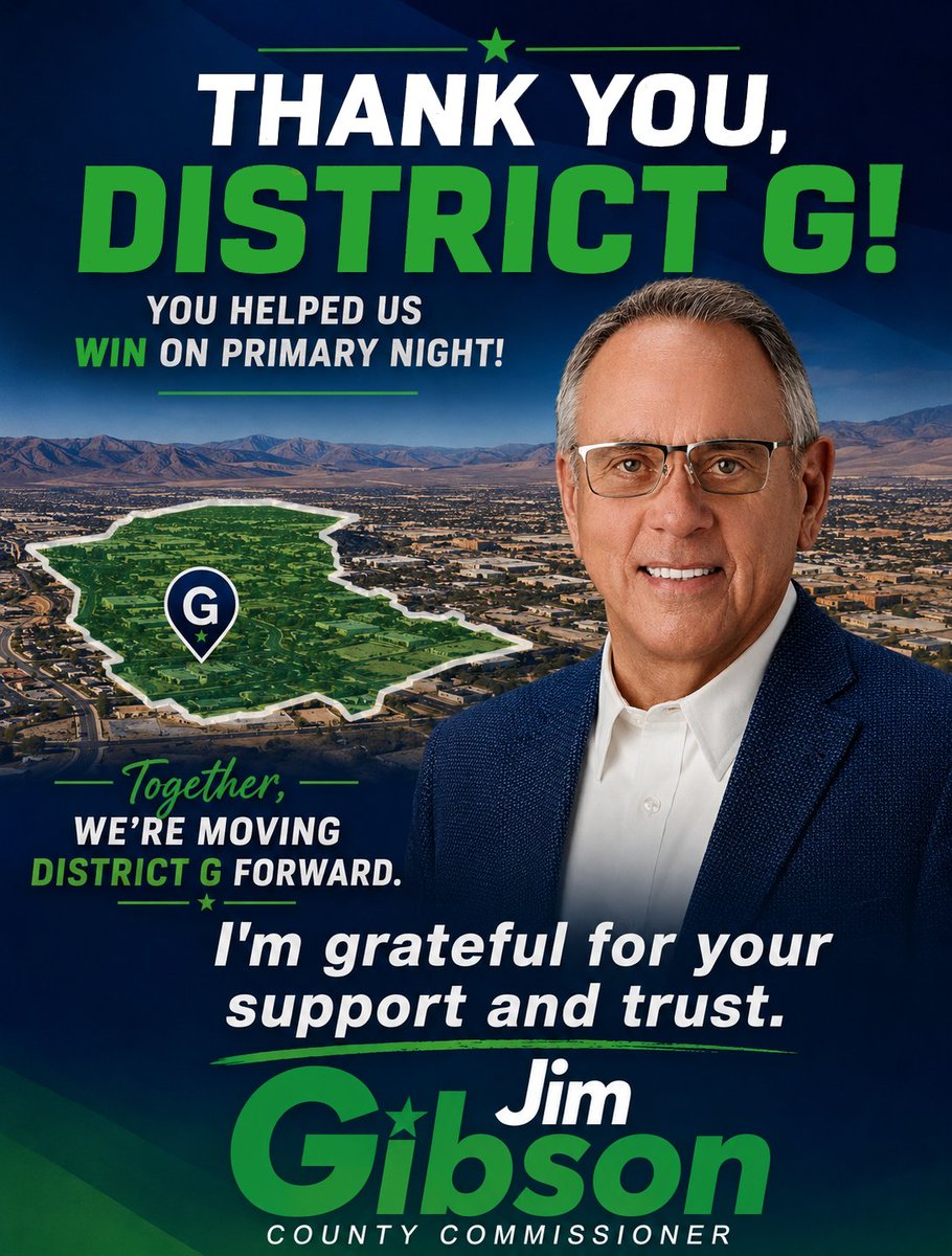 votejimgibson's tweet photo. “The results are in-WE did it!” A huge thank you to my family, friends and supporters for all the hard work and positivity you brought to the campaign. I'm inspired by the voters to keep improving lives, creating jobs and maintaining public safety. And thank you to Christian Solomon, my opponent, for being a class act in the closing days and for his devotion to activism. Now, it's on to November. Let's go win it! #DistrictG #SoutheastLV #HendersonNV #BoulderCityNV #WinWithJim #Nevada #Election
