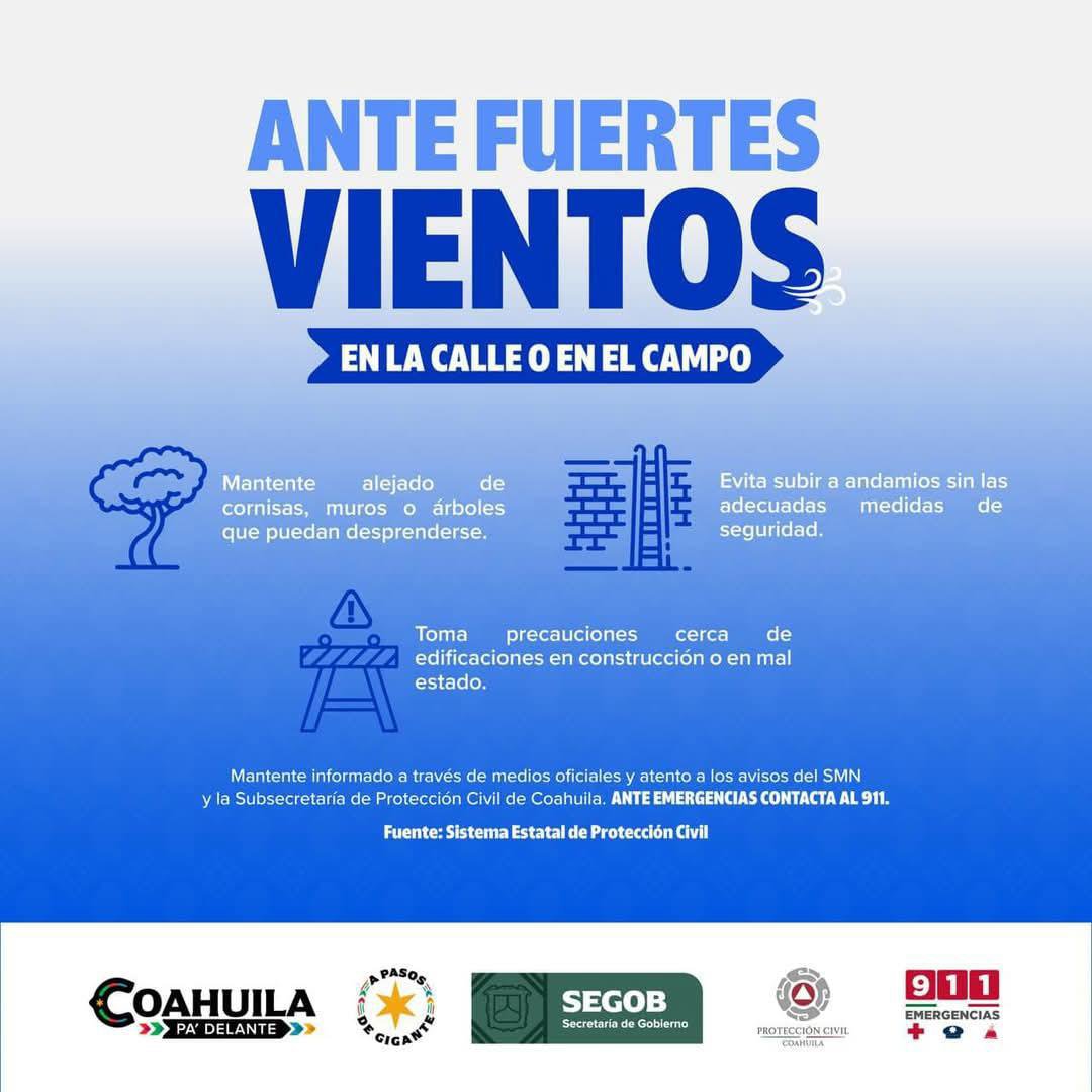 PCcoahuila's tweet photo. En el transcurso de hoy se pronóstican vientos de 20 a 30 km/h, con rachas de 40 a 60 km/h en #Coahuila, considere las siguientes recomendaciones 🔽 https://t.co/gUY6gns7yK
