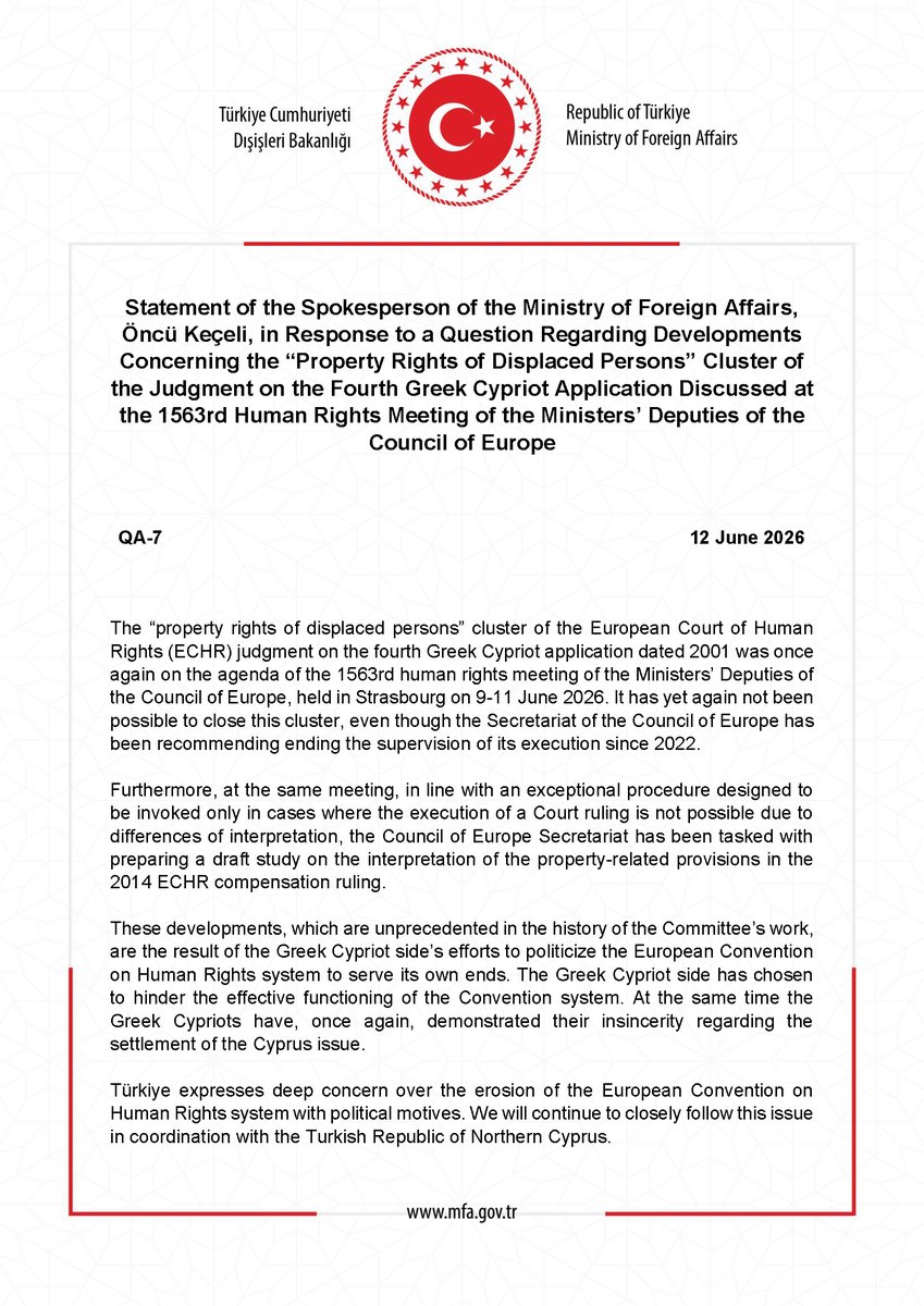 MFATurkiye's tweet photo. Statement of the Spokesperson of the Ministry of Foreign Affairs, Öncü Keçeli, in Response to a Question Regarding Developments Concerning the “Property Rights of Displaced Persons” Cluster of the Judgment on the Fourth Greek Cypriot Application Discussed at the 1563rd Human Rights Meeting of the Ministers’ Deputies of the Council of Europe https://t.co/VFmy33HJ3e