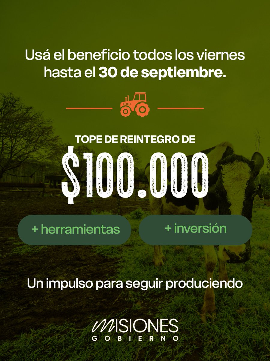 gobmisiones's tweet photo. 🌱 Si trabajás produciendo, esto te interesa.

Con Ahora Chacra tenés 20% de reintegro en más de 60 agroveterinarias y ferreterías adheridas pagando con débito Banco Macro. 💳

✔️ Todos los viernes
✔️ Hasta el 30 de septiembre
✔️ Tope de $100.000

⬇️⬇️ https://t.co/P37CLqaqsh
