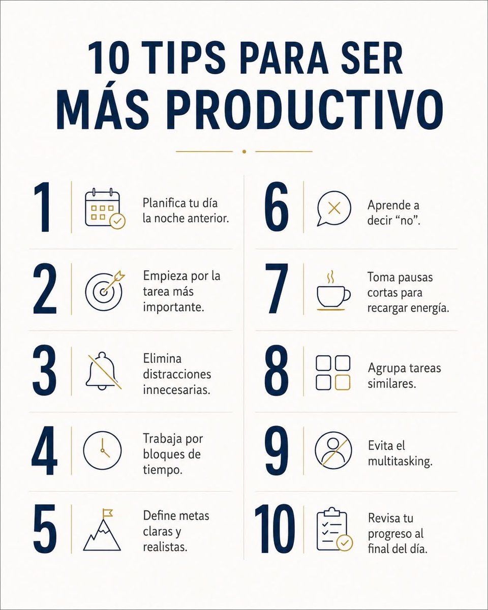 ticogomez73's tweet photo. La productividad no se trata de hacer más cosas, sino de hacer mejor las cosas que realmente importan. 🎯 

Estos 10 tips pueden ayudarte a ordenar tu día y avanzar con más enfoque.

La clave no está en tener más horas, sino en usar mejor las que ya tienes. https://t.co/nmTQNztSkB