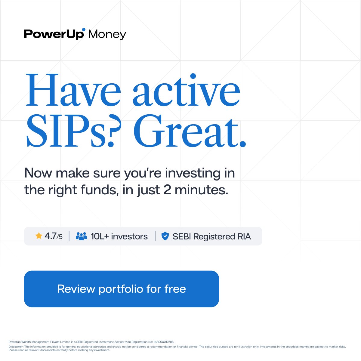 powerup_money's tweet photo. Starting SIPs is step one.

Making sure you're invested in the right funds is step two.

Review your portfolio for Free today on the PowerUp Money app.