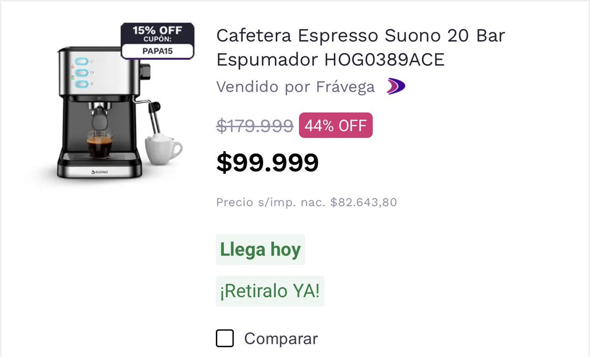 vmenditto's tweet photo. 🛋️FRÁVEGA : especial regalo para papá 🇦🇷 

👉🏼Aprovechá hasta 40% OFF y hasta 12 cuotas sin interés en productos seleccionados 💥

💥Cafetera Espresso Suono
 $99.000
💥 Afeitadora Philips S1881/00 Serie 
$48.999
💥 Smartband Suono ACC0265NEG Android / iOs
$6.999

👉🏼Hay muy buenas ofertas en celulares, herramientas, cuidado personal, bicicletas y mucho más.  Y para los papás futboleros hay promo increíbles en TVs 💪 

Te dejo el link de la tienda online 

https://t.co/XHngYTv4NY