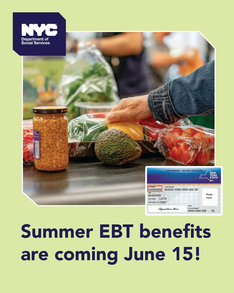 NYCHRA's tweet photo. Families receiving Summer EBT are encouraged to protect their benefits by calling the number on the back of their EBT card and changing their PIN before June 15! Taking this simple step can help safeguard your annual $120 food benefit. https://t.co/dNlVnZXl8M #NYCDSSCares https://t.co/Z8kKUTgHfw