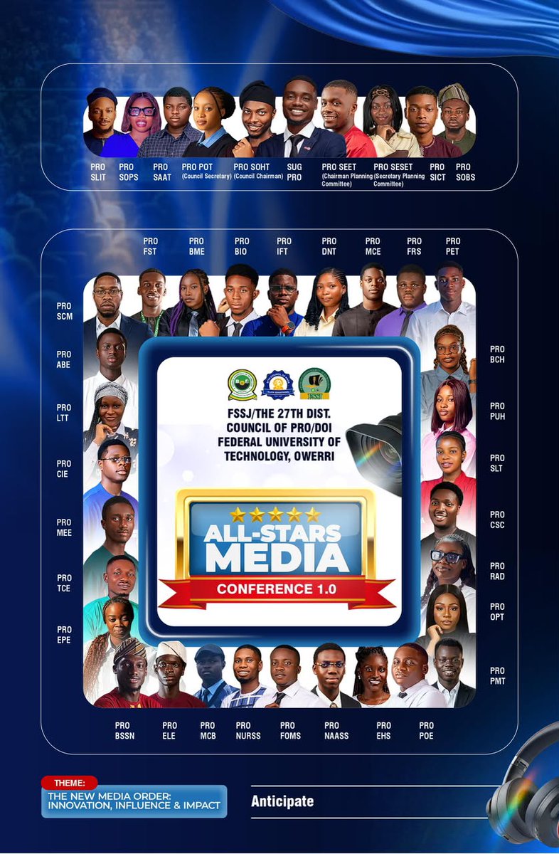futo_sug's tweet photo. FSSJ &amp; THE 27TH DIST. COUNCIL OF PRO/DOI.
FEDERAL UNIVERSITY OF TECHNOLOGY, OWERRI.

Presents; 
ALL-STARS MEDIA CONFERENCE 1.0: _The New Media Order: Innovation, Influence &amp; Impact

The stage is getting set for the biggest gathering of student media leaders in FUTO! https://t.co/9wE9oQySFU