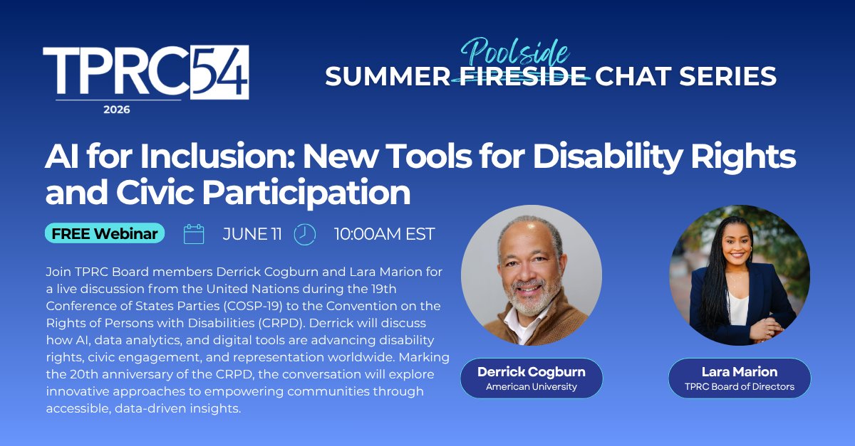 TPRCtweets's tweet photo. Missed TPRC's first Summer Poolside Chat? 🎙️
Watch the recording of our live conversation from the UN featuring Derrick Cogburn and Lara Marion on how AI and digital tools are advancing disability rights and civic engagement worldwide.
🎥 Watch now: https://t.co/LAxS5YSHiM https://t.co/ANTJqX7Xzj
