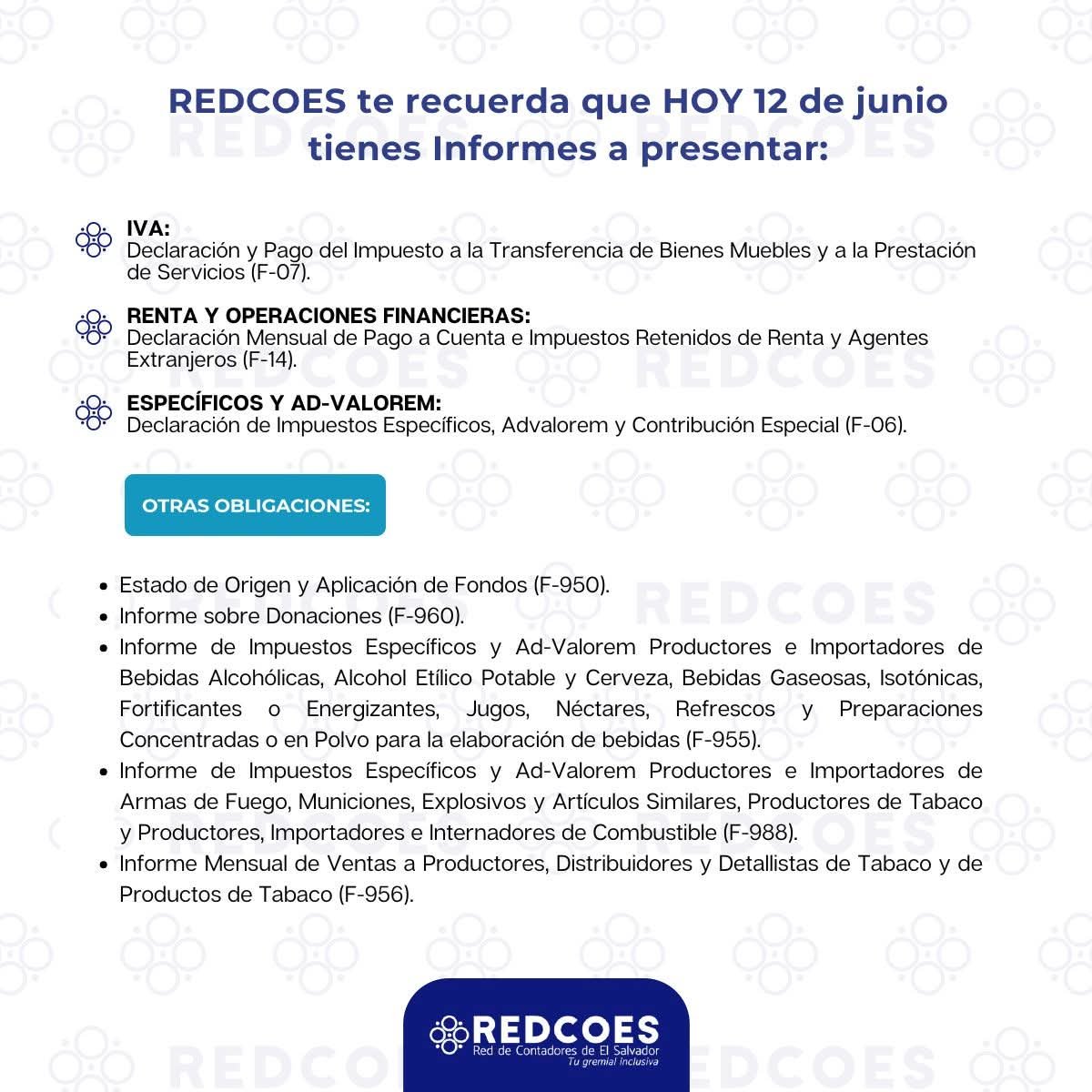 redcoes's tweet photo. #𝐑𝐄𝐃𝐂𝐎𝐄𝐒 te recuerda el cumplimiento de las Obligaciones Tributarias que vencen HOY 12/06/2026.
-Conoce cuáles son en este post. ⬇️ https://t.co/8lFpmGSYE2